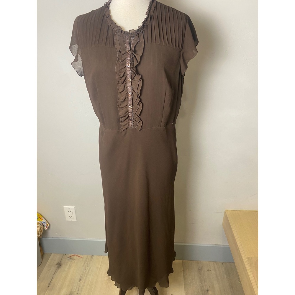 Vintage Style & Co Brown Ruffle Pleated Maxi Dress 90s Y2K Chiffon Size 12